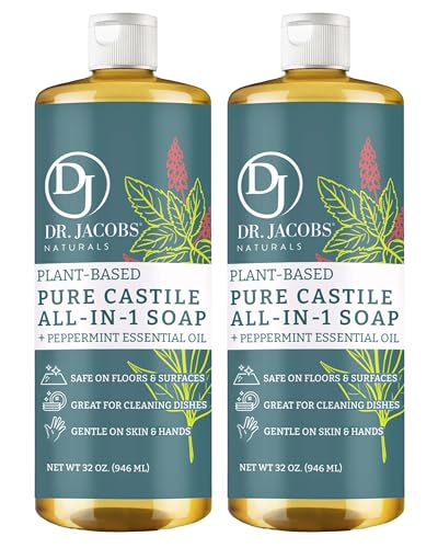 Dr. Jacobs Naturals Peppermint Castile All-in-One Cleaner and Soap - Plant-Based Formula for House Cleaning Floors and Appliances - Gentle on Skin and the Planet - 32 oz, 2 Pack - size: 32 Fl Oz (Pack of 2), style: Peppermint