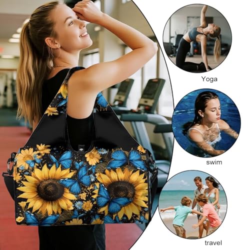 Gym Bag with Yoga Mat Holder Large Tote Bag With Multi Pockets for Women Men Dry Wet Separated Pocket Carryall Yoga Tote Bag for Pilates Travel Workout Office - color: Blue Butterfly