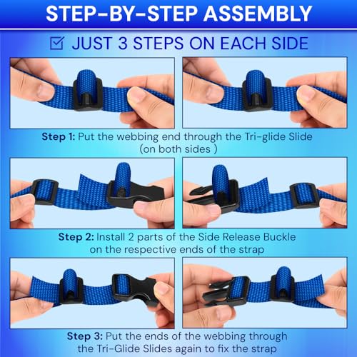 TECEUM 1" Nylon Strap Kit with Buckles, Simple Blue 6 yards Repair Set | Heavy duty hardware kit: 6yd webbing, 6 quick release buckles, 12 tri-glide slide clips, 6 metal D-rings for crafting. - color: Simple Blue, size: 1" - 6 yards, style: 6 Buckle - 12