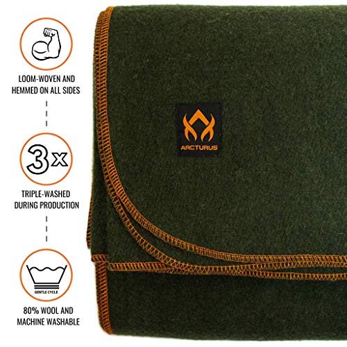 Arcturus Military Wool Blanket - Warm, Thick, Washable - Great for Outdoors, Camping, Stadium Blanket, Picnics, Travel - Car & Bushcraft Survival Kits - color: Olive Green, size: Throw