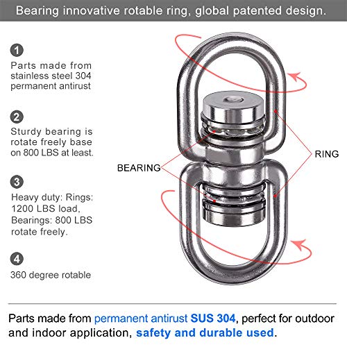 SELEWARE Heavy Duty Bearing Swing Swivel, 360° Rotation Hanging Accessory - color: Swivel (E) and 2 Carabiners