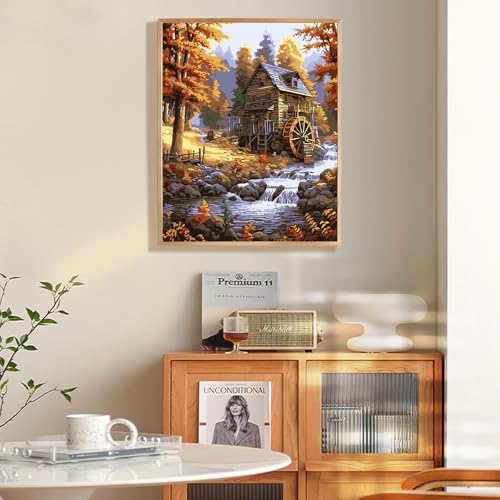 Fountor Paint by Numbers Kit for Adults Beginner, Fall Landscape Adult Paint by Number Kits on Canvas Without Frame, Cabin in the Forest, Stream Oil Paint by Numbers for Home Decor Gift 16” W x 20”L - color: LO713, size: Frameless