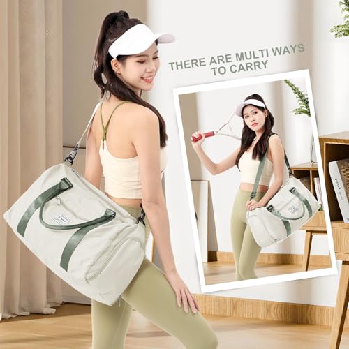 Gym Bags for Women Men with Shoes Compartment,Sports Duffle Bags Personal item travel Duffel Tote Bag Small Carry on Weekender Overnight Bag Workout Dance Bag Hospital Holdalls Beige Green - color: A14-Beige&Green