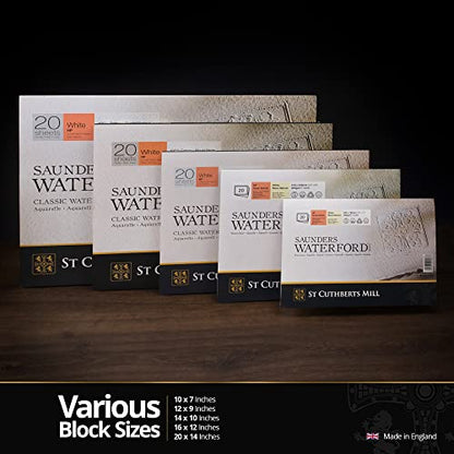 St. Cuthberts Mill Saunders Watercolor Paper Block - 12x9-inch White 100% Cotton - 20 Sheets of 140lb Hot Press Watercolor Paper for Gouache Ink Acrylic Charcoal and More