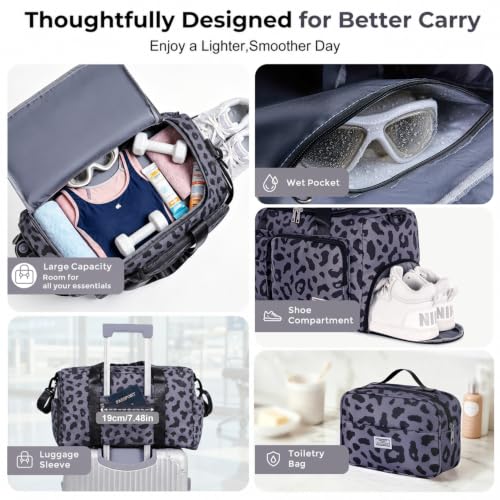 FIORETTO Women's Gym Duffle Bag with Shoes Compartment, 30L Capacity, Ideal for Travel, Gym, Sports, Duffel, Weekender - color: Leopard Grey, style: Gym Bag With Toiletry Bag