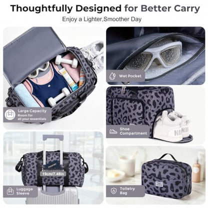FIORETTO Women's Gym Duffle Bag with Shoes Compartment, 30L Capacity, Ideal for Travel, Gym, Sports, Duffel, Weekender - color: Leopard Grey, style: Gym Bag With Toiletry Bag