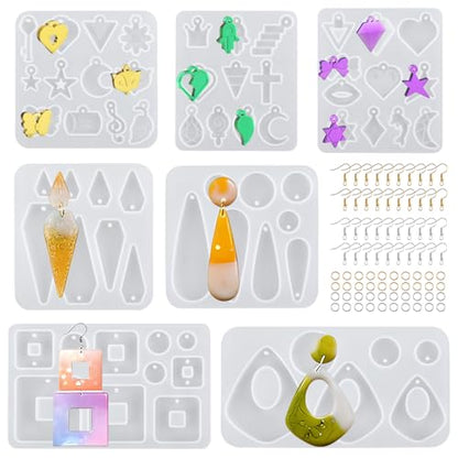 7Pcs Earring Resin Silicone Molds with 40 Earring Hooks, Epoxy Resin Jewelry Molds Silicone Set for Casting Irregular Shape Mold for Earrings Pendant Necklace Bracelet Keychain (7 Pcs-Small) - size: 7 Pcs-small