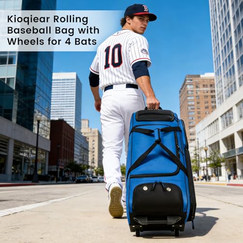 Catchers Gear Bag with Wheels for 4 Bats, 80L Rolling Baseball Bag - color: Blue