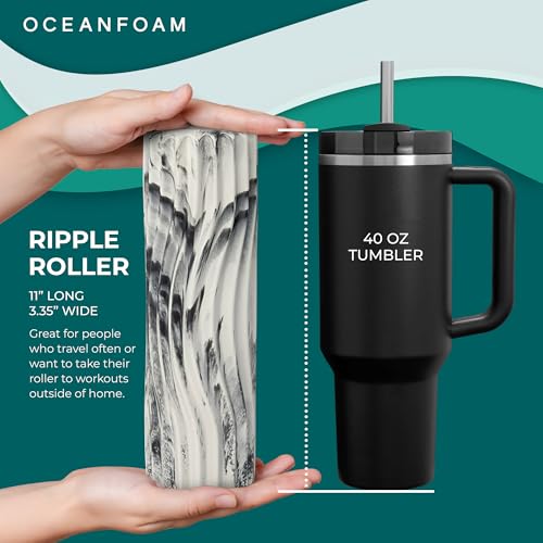 Oceanfoam Ripple Travel Foam Roller (11" x 3.35") Firm Mini Foam Roller for Physical Therapy, Deep Tissue Massage, Back Pain - High Density, Ergonomic Wave Textured - Yoga, Exercise (Black Marbled) - color: Black Marbled