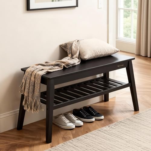 Nnewvante Black Entryway Bench, 33.46" Bamboo Bench with Storage Shelf | Holds up to 300lbs, Indoor & Outdoor Use for Bedroom, Hallway, Living Room and Dining Room - color: Black