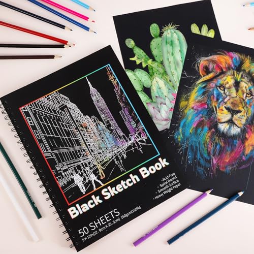 Black Paper Sketchbook 2 Pack, 9 × 12 in, 100 Sheets, 160gsm Spiral Bound | Acid-Free 108 Lb Black Paper, Left Spiral Tear-Out Pages, Hardcover for Drawing, Chalk, Gel Pens And Mixed Media - size: 9×12 Inch (2 Pack )