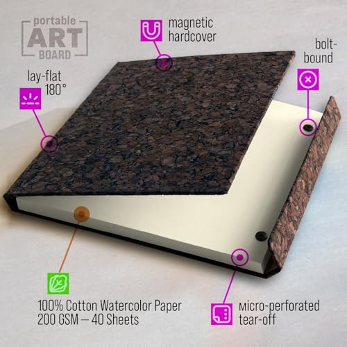 Cork Watercolor Pad Hardcover - 100% Cotton Paper 200GSM Cold Press - Magnetic Closure Watercolor Sketchbook, 40 Tear-Off Sheets, Lay-Flat - Artist Watercolor Paper Pad (Dark Cork, 8,5х7,7 inch) - color: Dark Cork, size: 8.5x7.7 inch (Square)