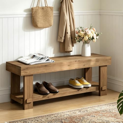 42.5" Solid Wood Bench, Long Farmhouse Narrow Entryway Bench, Natural - size: 42.5"W