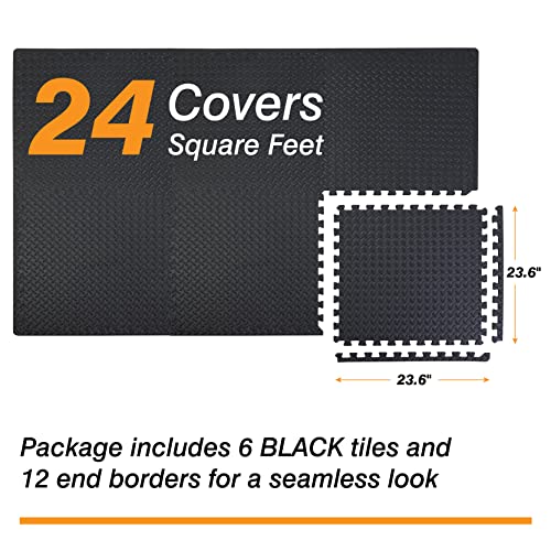 Torin ABPM001BK Interlocking Foam Mat Protective Exercise Workout Puzzle Floor Mat Tiles for Home Gym Equipment - 6 Pieces, 24 Square feet, Black