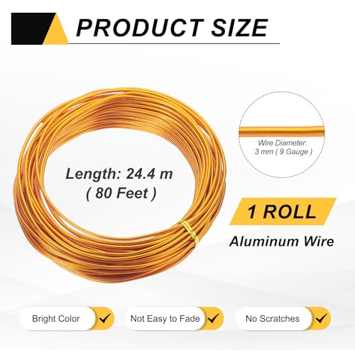 MECCANIXITY 9 Gauge 3mm Aluminum Wire, 80 Feet Bendable Metal Craft Armature Wire for Jewelry Making DIY Beading Floral Wreath Wrapping Sculpting, Gold Tone - color: Gold Tone, size: 9 Gauge x 80Ft