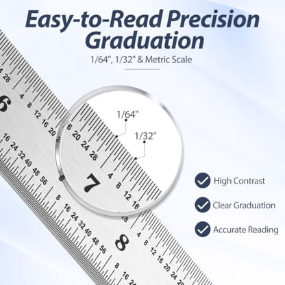 EBOOT 2 Pcs Stainless Steel Ruler Machinist Engineer Ruler with Markings 1/8, 1/16, 1/32, 1/64 Inch for Engineering, School, Office, Architect, and Drawing (14 Inch) - size: 14 Inch
