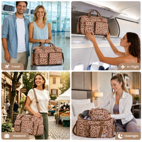 FIORETTO Women's Gym Duffle Bag with Shoes Compartment, 30L Capacity, Ideal for Travel, Gym, Sports, Duffel, Weekender - color: Leopard Brown, style: Gym Bag With Toiletry Bag
