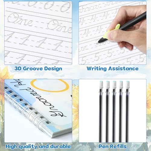 chiazllta Grooved Cursive Handwriting Workbook with Disappearing Ink Pens Magic Reusable Grooved Cursive Writing Practice for Beginners Kids Kickoff Student Workbook Homeschooling Supplies (Number) - style: Number