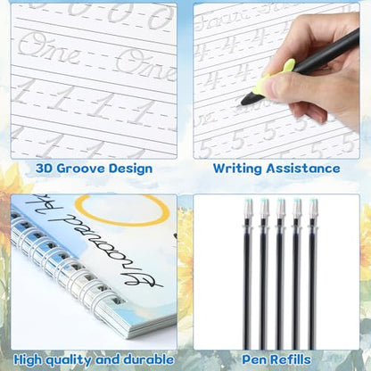 chiazllta Grooved Cursive Handwriting Workbook with Disappearing Ink Pens Magic Reusable Grooved Cursive Writing Practice for Beginners Kids Kickoff Student Workbook Homeschooling Supplies (Number) - style: Number