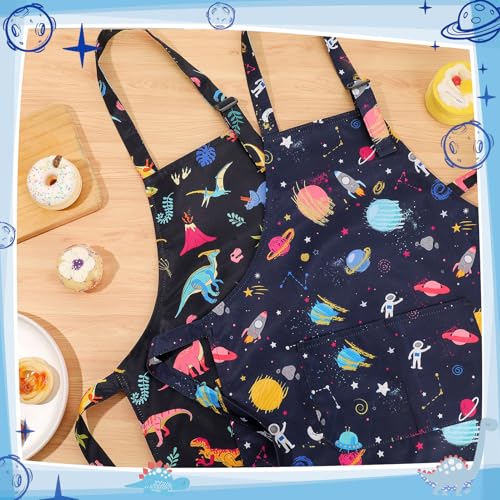 2 Pack Kids Apron, Cute Cooking Aprons, Waterproof Art Apron with Pockets, Toddler Painting Artist Apron Adjustable - color: Space and Dinosaurs, size: 45*62cm