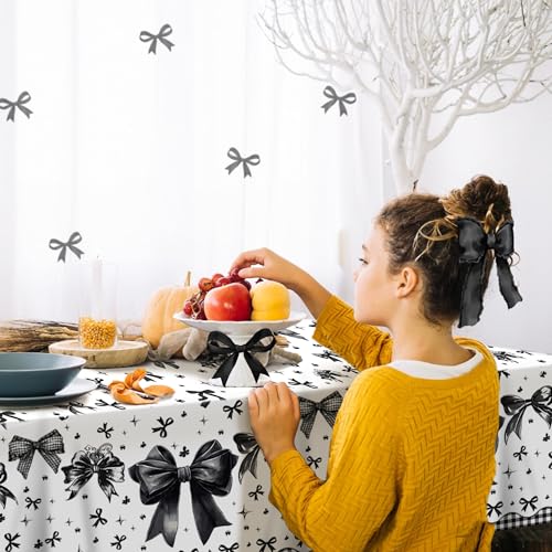 1Pc Black Bowknot Party Plastic Tablecloth 54 x 87 Inch Long Table Cover, Bow Tie Party Tablecover for Dark Style Theme Kids Baby Shower Birthday Dinner Picnic Kitchen Event - color: Black Bowknot