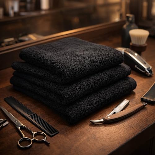 HOME ESSENTIALS Salon Towels (15 x 25 inches) 24 Pack, Black Hand Towels for Bathroom, Quick Dry Gym Towels, Spa Face Towel, Absorbent Cotton Towels for Barber, Gym, Bath, Pedicure and Home Hair Care - color: Black