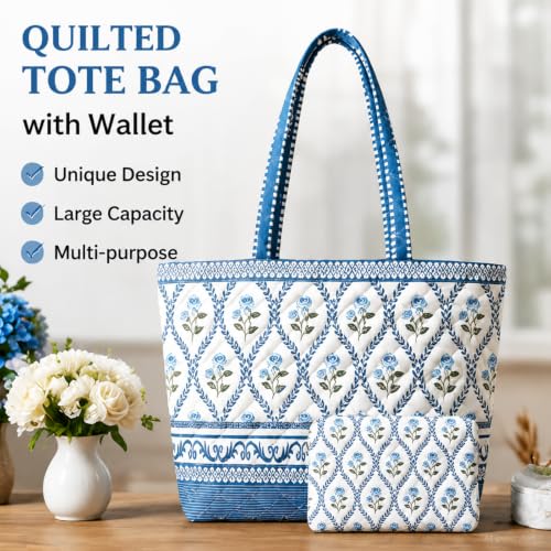 Quilted Tote Bag 2 Pack, Women's Tote Handbags for Work Travel - color: Pale Indigo Blue
