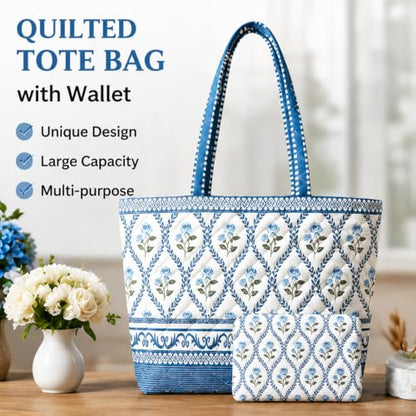 Quilted Tote Bag 2 Pack, Women's Tote Handbags for Work Travel - color: Pale Indigo Blue