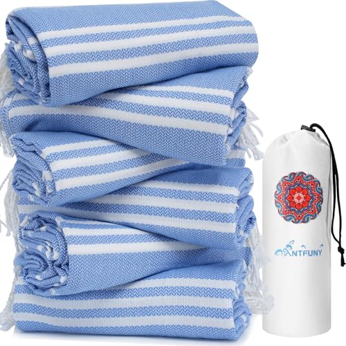 6 Pack Turkish Beach Towels Vacation Essentials with Bag Quick Dry Sand Free Soft Absorbent Adult Bath Pool Swim Long Wide Stripe Towel Cloud Linen Sandfree Mat Summer Thing Lightweight Travel Blue - color: Thinner Blue, size: 72 x 36 inch