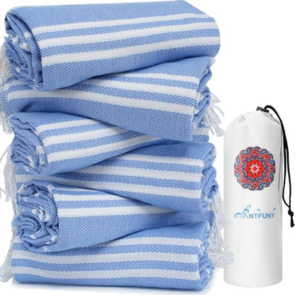 6 Pack Turkish Beach Towels Vacation Essentials with Bag Quick Dry Sand Free Soft Absorbent Adult Bath Pool Swim Long Wide Stripe Towel Cloud Linen Sandfree Mat Summer Thing Lightweight Travel Blue - color: Thinner Blue, size: 72 x 36 inch