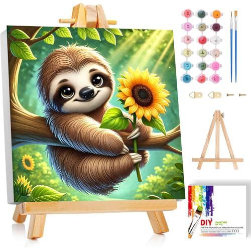 Gemozaic Sloth Paint by Numbers Kit for Kids Ages 8-12 with Frame & Easel | Cute Animal Kids Paint by Number on Canvas, DIY Acrylic Painting by Numbers for Teens Boys Girls for Birthday Gift, 8x8 IN - color: BKH1865