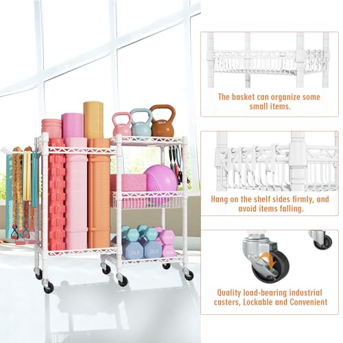 FUTASSI Home Gym Storage, 3 Tiers Workout Equipment Organizer with Wheels for Yoga Mats, Foam Roller, Dumbbells, Kettlebells, and Resistance Bands - color: White, size: Double-Row
