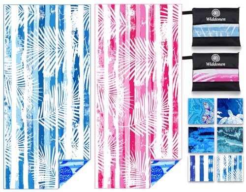 Widdonen Microfiber Beach Towel,Compact 2 Pack-71x32 Inch with Bag Travel - color: 2 Pack Blue Peank Leaves Dream World