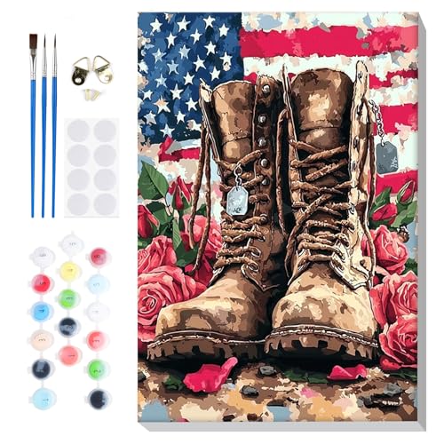 Bowetile Independence Day Paint by Numbers for Adults with Frame, 4th of July Adults' Paint-by-Number Kits on Canvas, Easy Acrylic American Flag Oil Number Painting for Home Decor, 8x12in - color: Independence Day