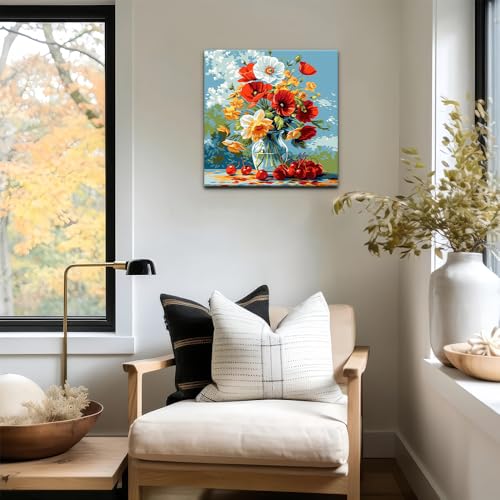 Natuyalo Framed Paint by Number Kits for Adults Beginners, Flowers in Vase Easy Acrylic Adult Paint by Number Kits, Cherry DIY Painting by Numbers Kits with Frame Ideal Gift 12x12 Inch - color: Color-01