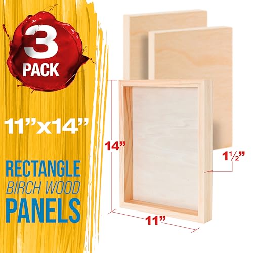 U.S. Art Supply 11" x 14" Unfinished Cradled Wood Panels for Painting, Gallery 1-1/2" Deep (3 Pack) - Artist Depth Wooden Wall Canvases - Mixed-Media Craft, Acrylic, Oil, Encaustic, Paint Pouring - style: 11 Inch x 14 Inch