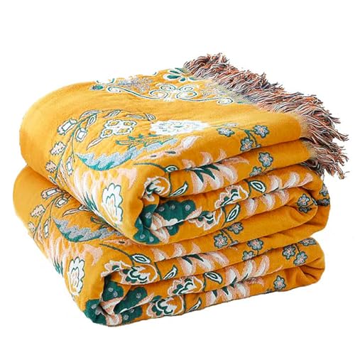 VANJOROY Boho Throw Blanket, 100% Cotton Soft King Yellow Throw for Bed-Floral Farmhouse Decor Blanket, Reversible Bohemian Throw for Sofa Chair Couch Quilt and Gift, 91" x 98" - color: Flower-art, size: King (91" X 98")
