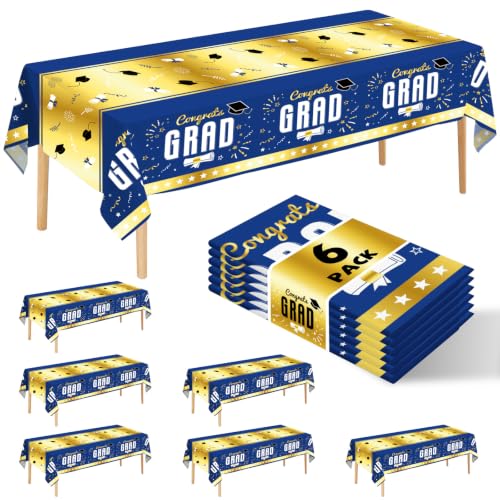6 Pack Disposable Plastic Tablecloth 54" x 108" Blue Class of 2026 Grad Party Table Cloths Disposable for 6 to 8 Foot Tables Graduation Party Indoor or Outdoor (Graduation Blue) - color: Graduation Blue