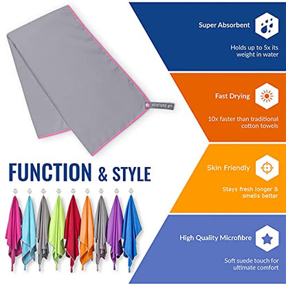VENTURE 4TH 퀵 드라이 여행용 타월, 울트라 소프트 극세사 - 3가지 사이즈 - color: 그레이 핑크, size: 60.00" x 31.50"