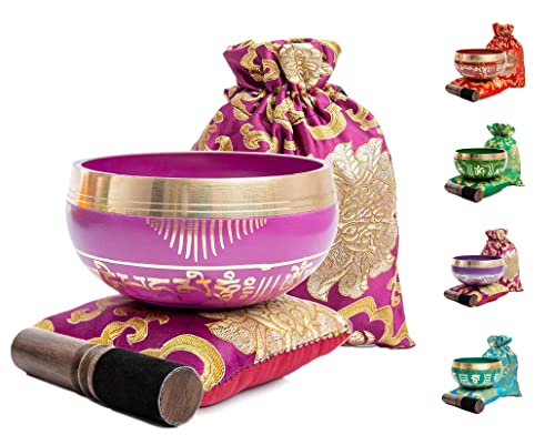 Tibetan Singing Bowl Set - Easy To Play for Beginners - Authentic Handcrafted Mindfulness Meditation Holistic Sound 7 Chakra Healing Gift by Himalayan Bazaar (Orchid) - color: Orchid Pink