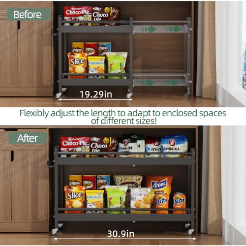 2 Tier Expandable Rolling Cart with wheels, pantry organizers and storage - size: 2 Tier(Black)