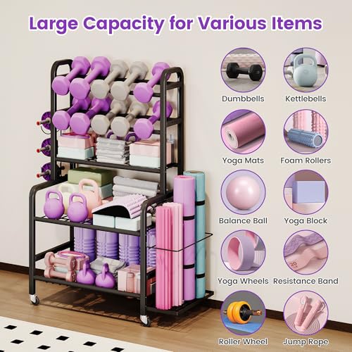 Homeiju Dumbbell Rack, Weight Rack for Home Gym, Yoga Mat Storage Holder with Lockable Wheels, Dumbbell Stand with Hooks, All in One Work out Equipment Storage for Yoga Mat Dumbbell and Balls - size: 5-Tier