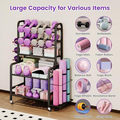 Homeiju Dumbbell Rack, Weight Rack for Home Gym, Yoga Mat Storage Holder with Lockable Wheels, Dumbbell Stand with Hooks, All in One Work out Equipment Storage for Yoga Mat Dumbbell and Balls - size: 5-Tier