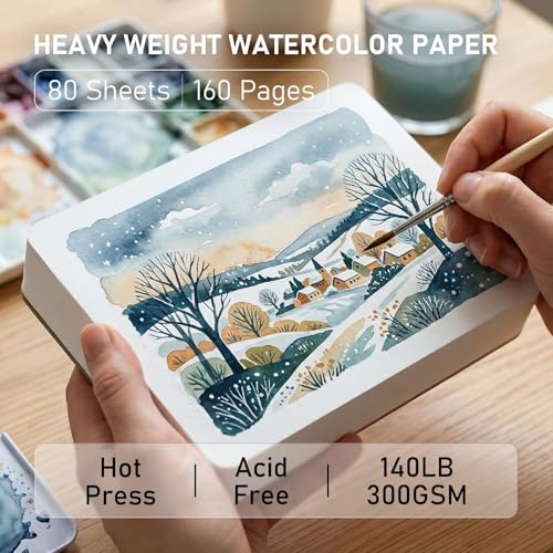 FLUNBRATO 80 Sheets Mini Watercolor Paper Pads, 2.6 x 3.3 Inch, 100% Cotton, Hot Press Acid Free Tiny Travel Watercolor Notebooks, Two-Edge Glue Binding Compact Mixed Media for Painting - color: Hot Press, size: 2.6 x 3.3 Inch