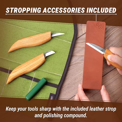 BeaverCraft Wood Carving Knife Kit S15 Whittling Kit for Beginners, Kids - Wood Carving Tools Set with Detail Chip Knife Sloyd Whittling Knives & Leather Strop, Polishing Compound and Tutorials