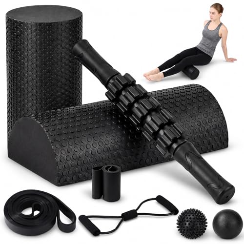 8 in 1 Foam Roller Set for Deep Tissue Muscle Massager, High-Density, Half Round Back Roller Foam, Resistance Bands Foot Massage Ball Stretching Strap for Exercise Physical Therapy