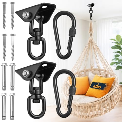 Albo Heavy Duty Swing Hangers 2 Pack, 2650 LBS, 360° Swivel Ceiling Mount Bracket with Carabiners – Hammock Chair, Porch Swing, TRX, Punching Bag, Hardware for Wood & Concrete - color: Black, size: 2 Pieces