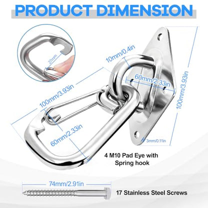 M10 Hammock Hooks Kit, 4-Pack Heavy Duty 304 Stainless Steel Pad Eye Hooks - size: 4 × M10 + Snap Hooks