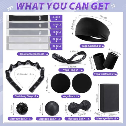 Halloscume 24 Pcs Pilates Kit, Home Pilate Equipment for Women, Pilates Ring and Ball Set with Stretching Strap, Water Bottle, Magic Circle, Yoga Ring, Gym Bag, Resistance Band, Anti Slip Sock - color: Black