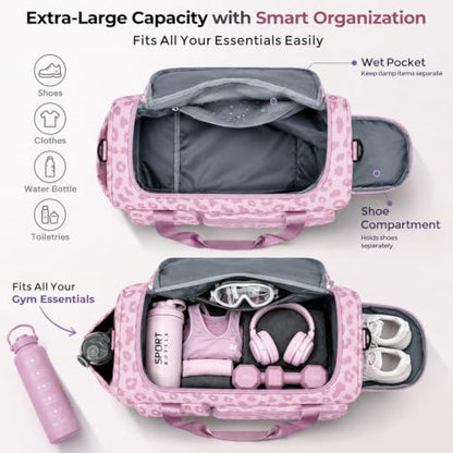 FIORETTO Women's Gym Duffle Bag with Shoes Compartment, 30L Capacity, Ideal for Travel, Gym, Sports, Duffel, Weekender - color: Leopard Pink, style: Gym Bag